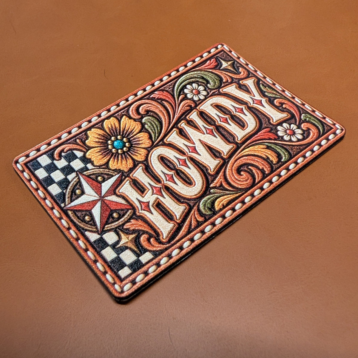 Howdy Western Tooled Leather Hat Patch, Retro Cowgirl Floral Patch, Rustic Texas Star Trucker Hat Patch, UV Printed Leatherette