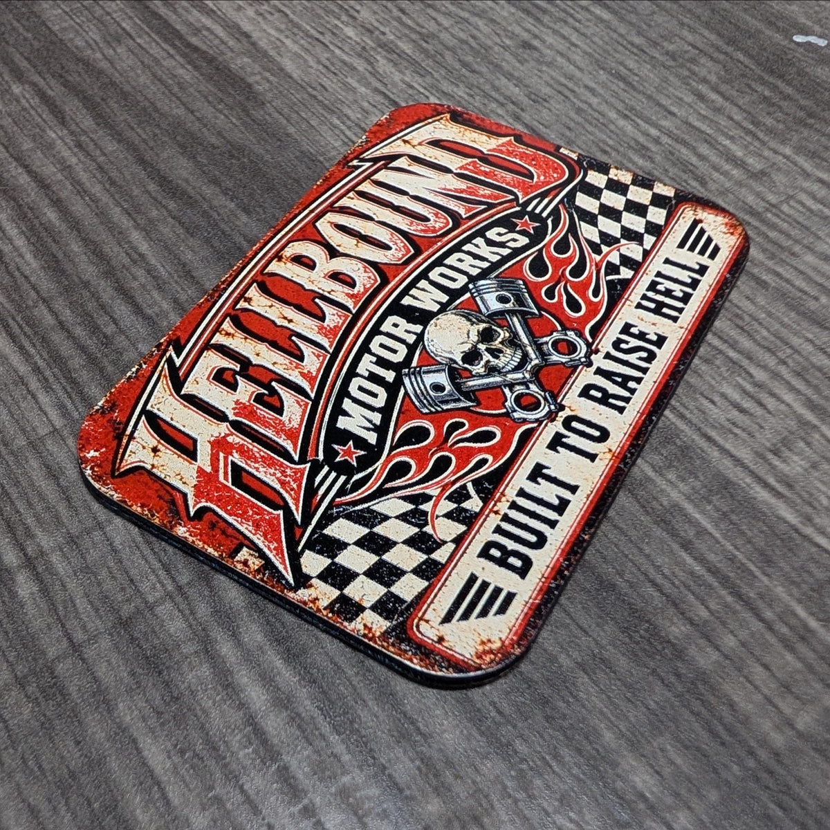 Hellbound Motor Works Vintage Garage Hat Patch, Built to Raise Hell Skull Biker Patch, Retro Hot Rod UV Printed Leatherette Patch