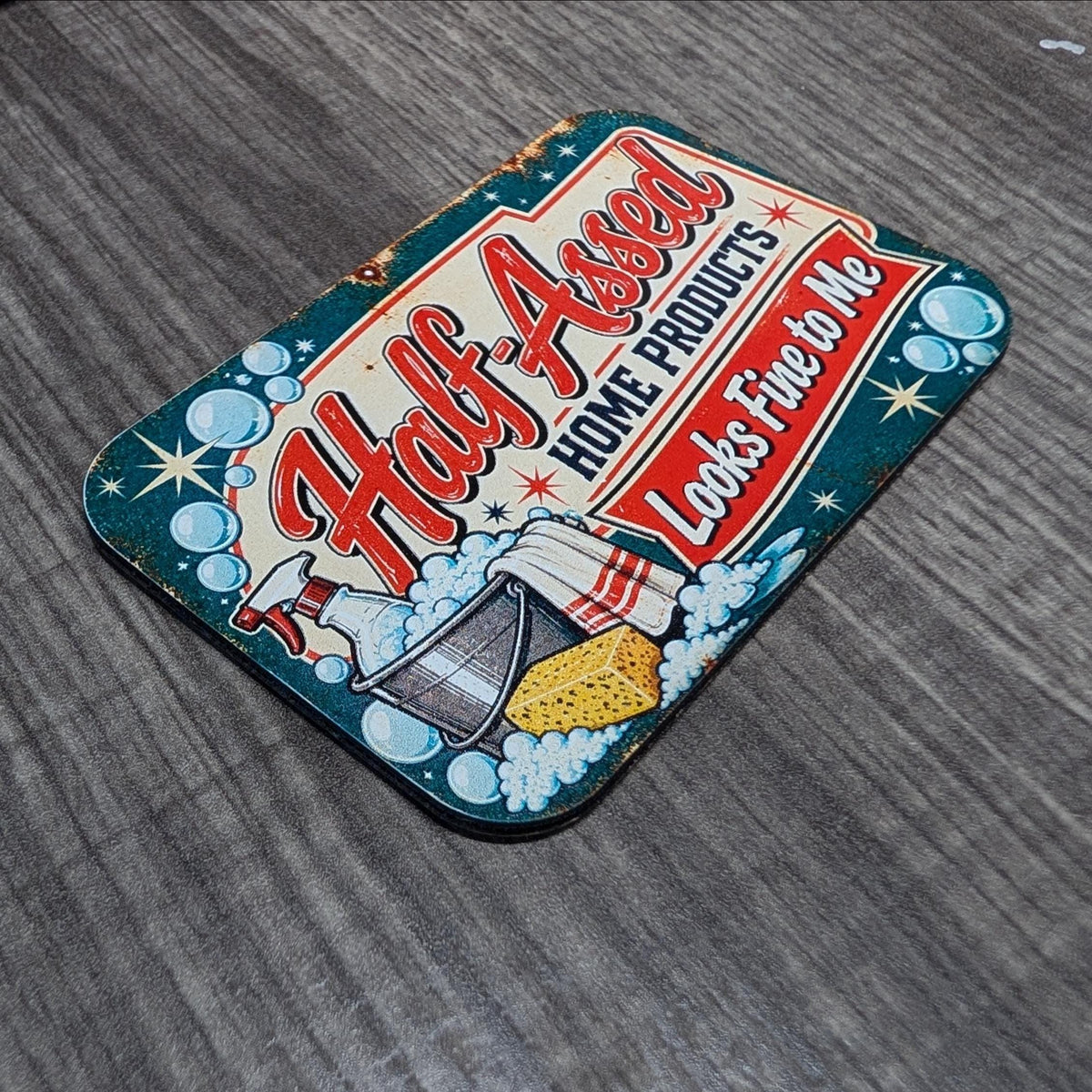 Half-Assed Home Products Vintage Hat Patch, Looks Fine to Me Funny Saying, Retro Cleaning Humor, Sarcastic UV Printed Leatherette Patch