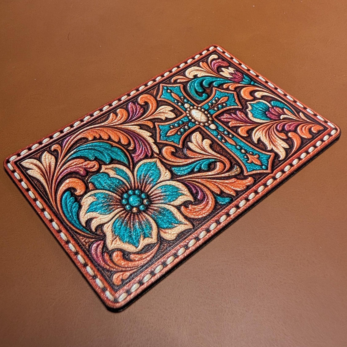 Western Floral Cross Tooled Leather Hat Patch, Turquoise Christian Cross, Cowgirl Faith Trucker Hat Patch, UV Printed Leatherette Patch