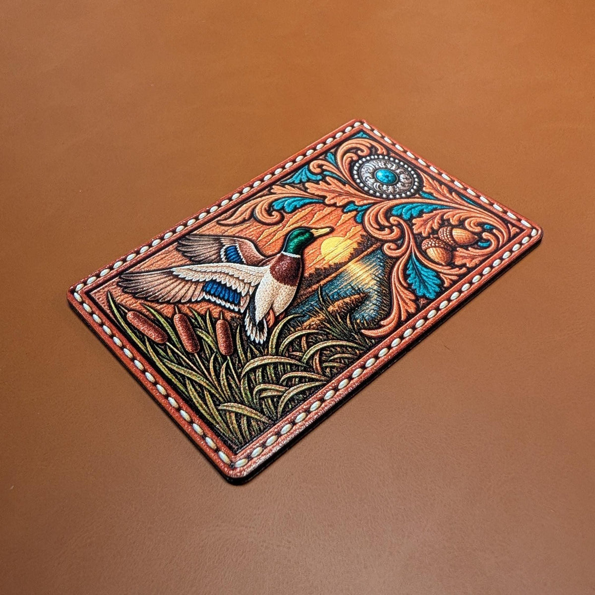 Mallard Duck Hunting Hat Patch, Western Tooled Leather Duck Patch, Flying Mallard Sunset Design, Waterfowl Hunting Trucker Hat Patch
