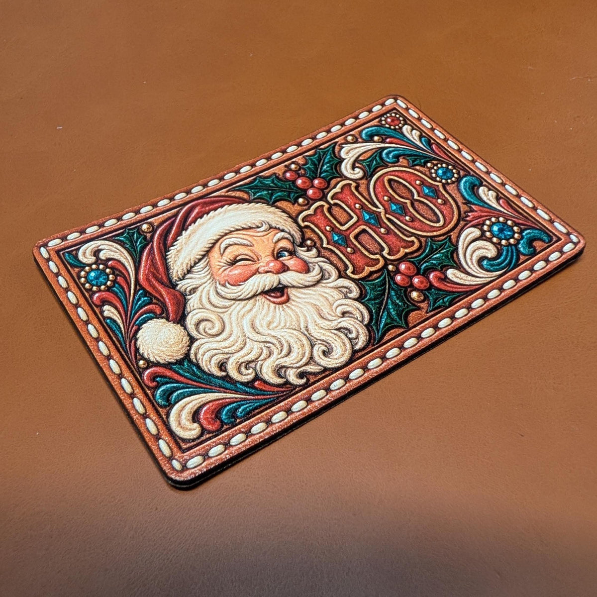Santa Ho Christmas Hat Patch, Funny Western Christmas Tooled Leather Patch, Winking Santa Claus Trucker Hat Patch, UV Printed Leatherette