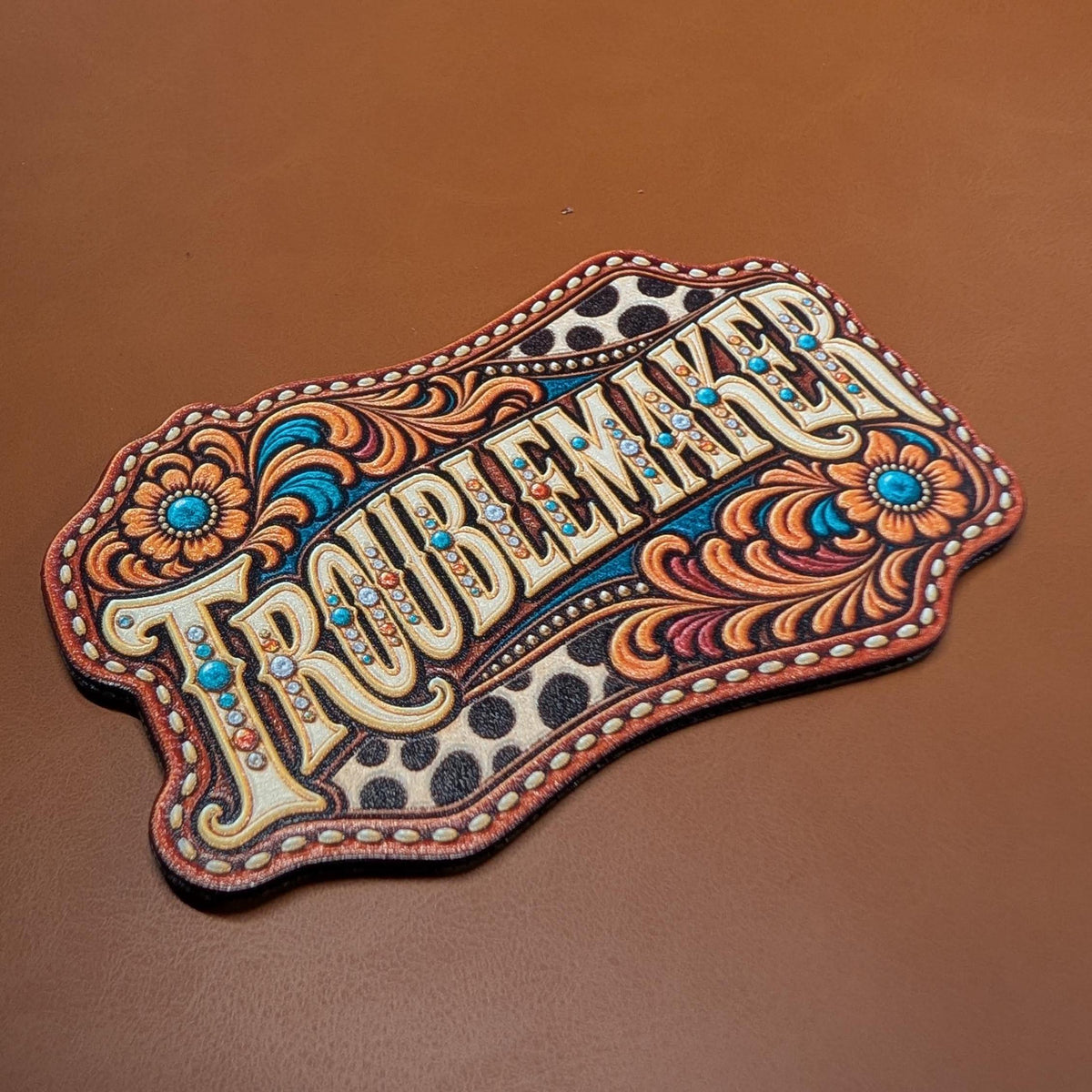 Troublemaker Western Hat Patch, Sassy Cowgirl Tooled Leatherette Patch, Turquoise Floral Cow Print Trucker Hat Patch, UV Printed