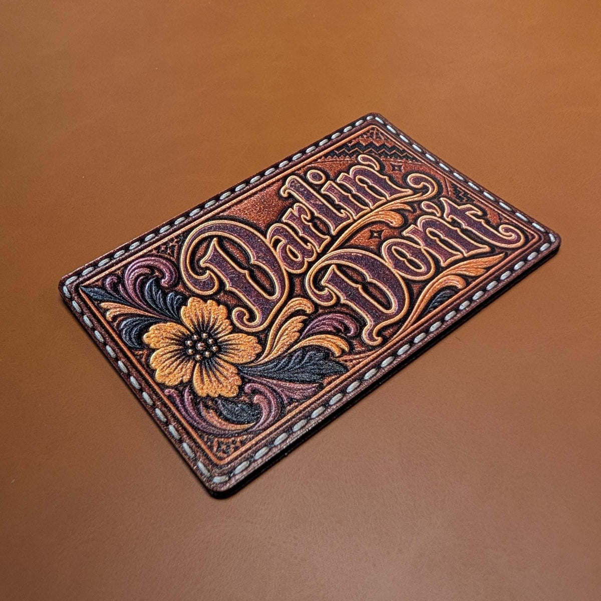 Darlin Don't Western Tooled Leather Hat Patch, Sassy Cowgirl Saying, Rustic Floral Trucker Hat Patch, UV Printed Leatherette Patch