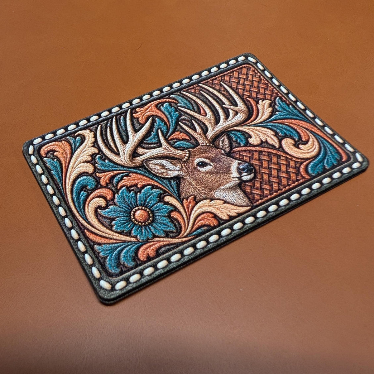 Whitetail Buck Hunting Hat Patch, Western Tooled Leather Deer Patch, Trophy Buck Antlers Floral Trucker Hat Patch, UV Printed Leatherette