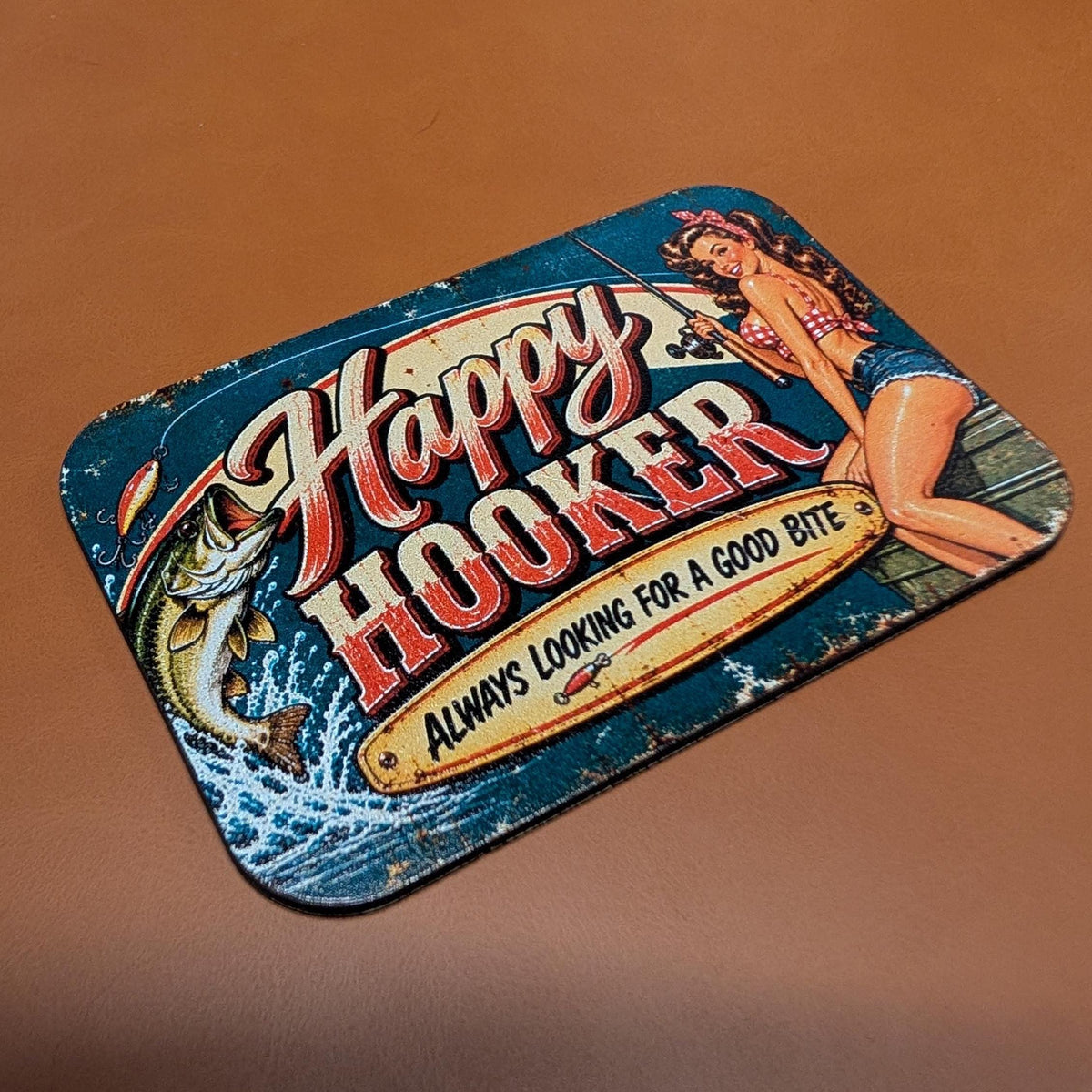 Happy Hooker Fishing Hat Patch, Funny Fishing Pinup Girl Trucker Hat Patch, Vintage Retro Bass Fishing Sign, UV Printed Leatherette