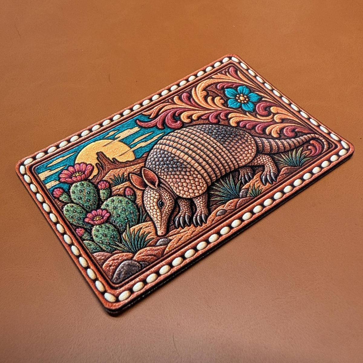 Armadillo Western Hat Patch, Texas Armadillo Tooled Leather Patch, Southwestern Desert Cactus Floral Trucker Patch, UV Printed Leatherette