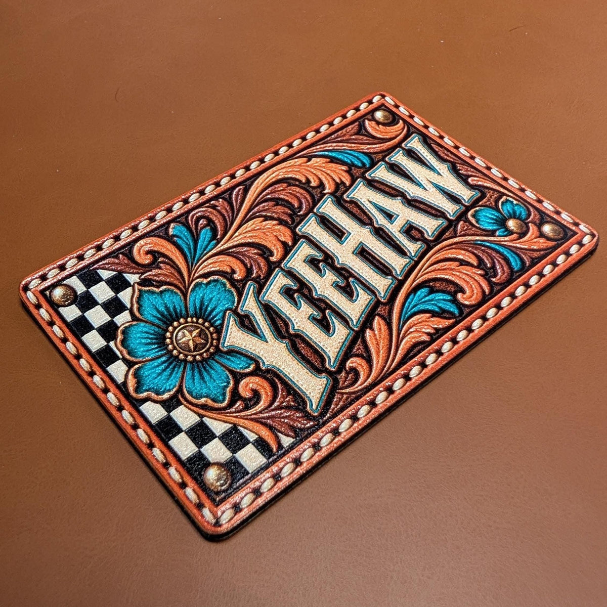 Yeehaw Western Tooled Leather Hat Patch, Turquoise Floral Cowgirl Patch, Retro Rodeo Trucker Hat Patch, UV Printed Leatherette Patch