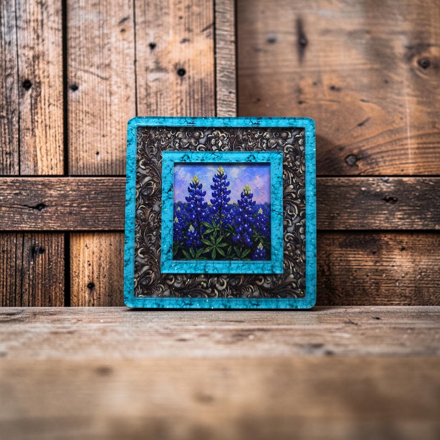 Western Night Light | Turquoise & Tooled Leather Texas Decor | Interchangeable Art