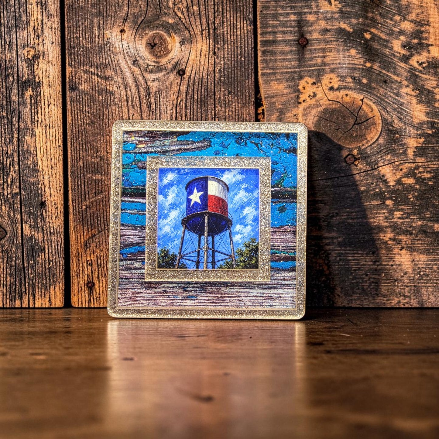 Western Interchangeable Night Light | Gold Sparkle & Rustic Blue Wood Western Decor