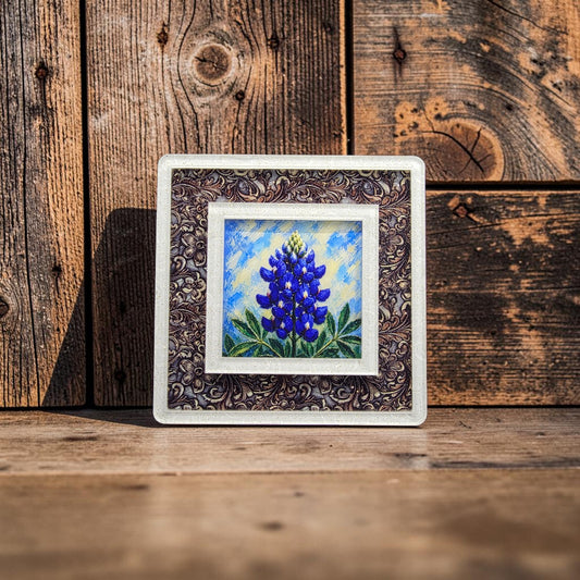 Western Night Light | White Scrolls Tooled Leather Frame, Interchangeable Art