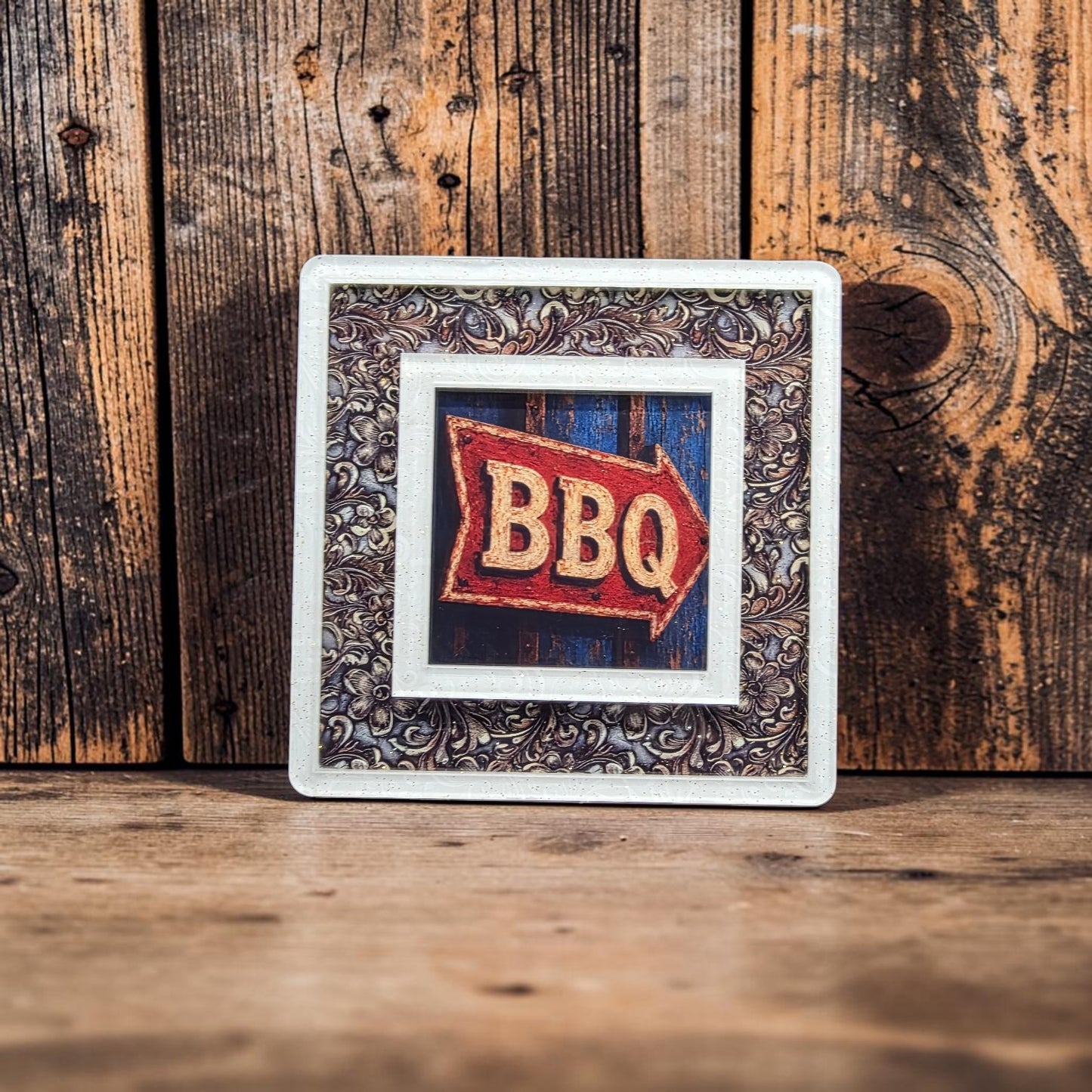 Western Night Light | White Scrolls Tooled Leather Frame, Interchangeable Art