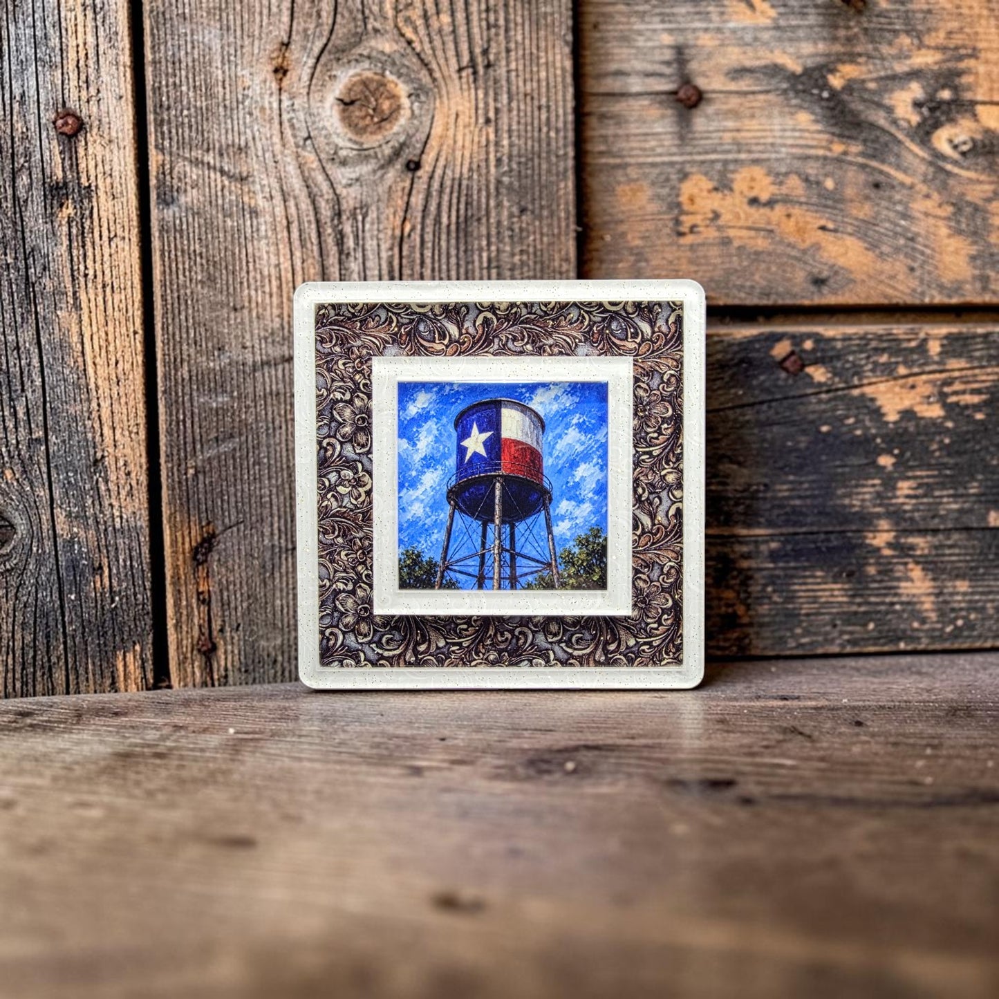 Western Night Light | White Scrolls Tooled Leather Frame, Interchangeable Art