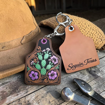 Personalized Cactus Laser Engraved Leatherette City & State Keychain