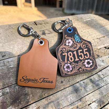 Texas Bluebonnet Keychain, Custom Zip Code & City State Laser Engraved Leatherette