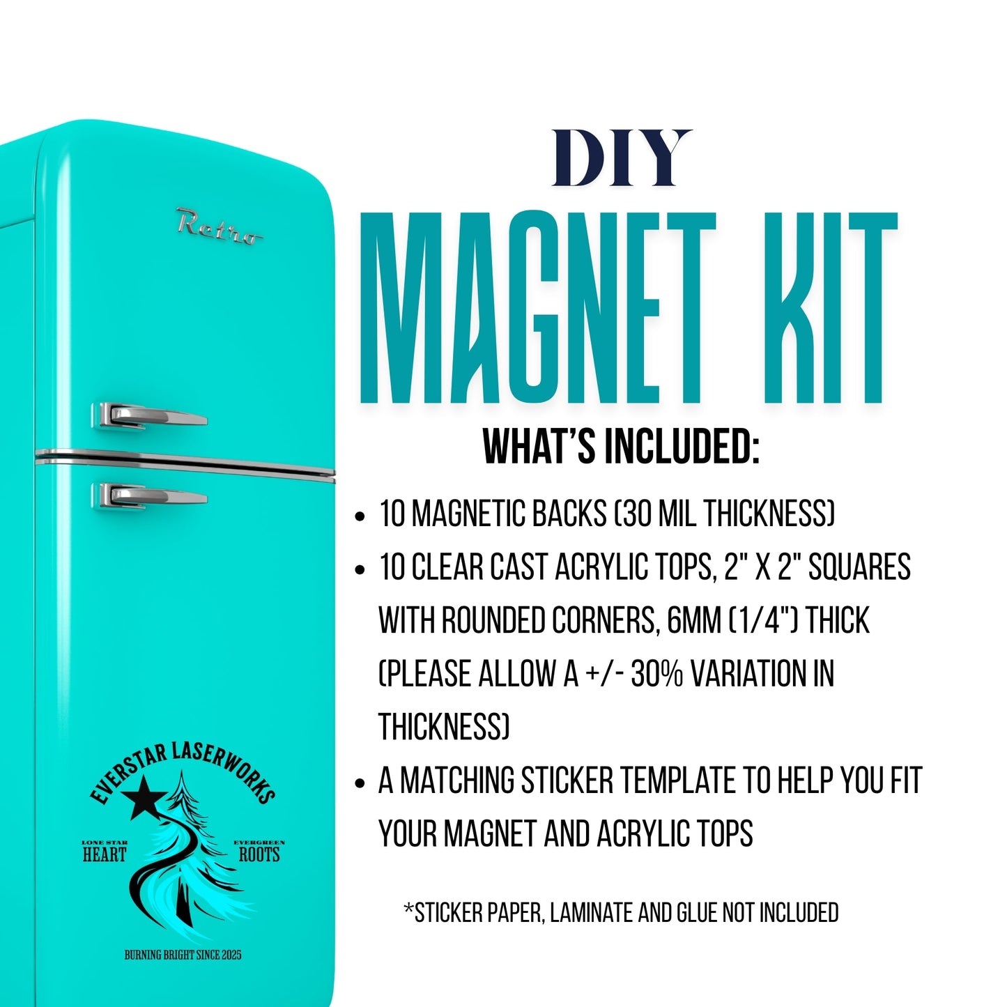 DIY Craft Fridge Magnet Kit, 10 Laser Cut Acrylic Squares and Magnet Backs