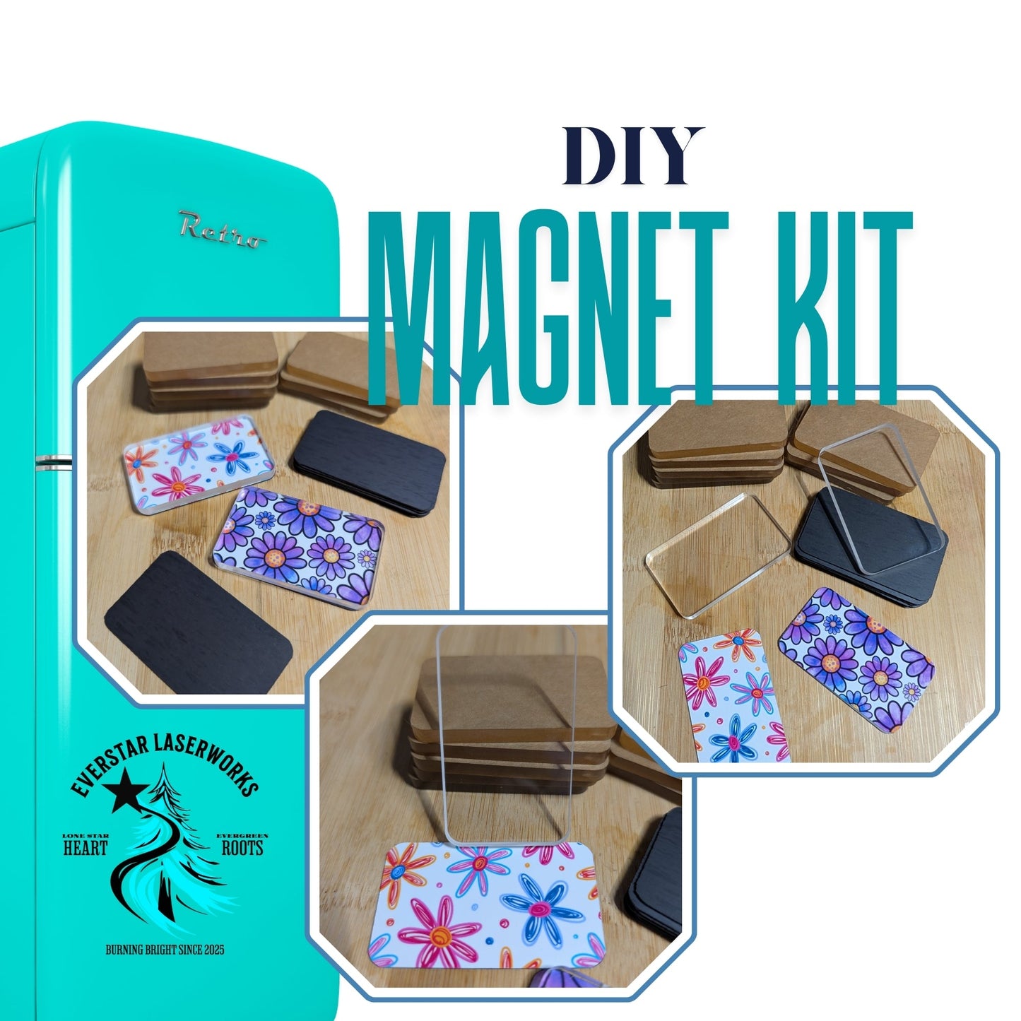 DIY Craft Fridge Magnet Kit, 10 Laser Cut Acrylic Rectangles and Magnet Backs