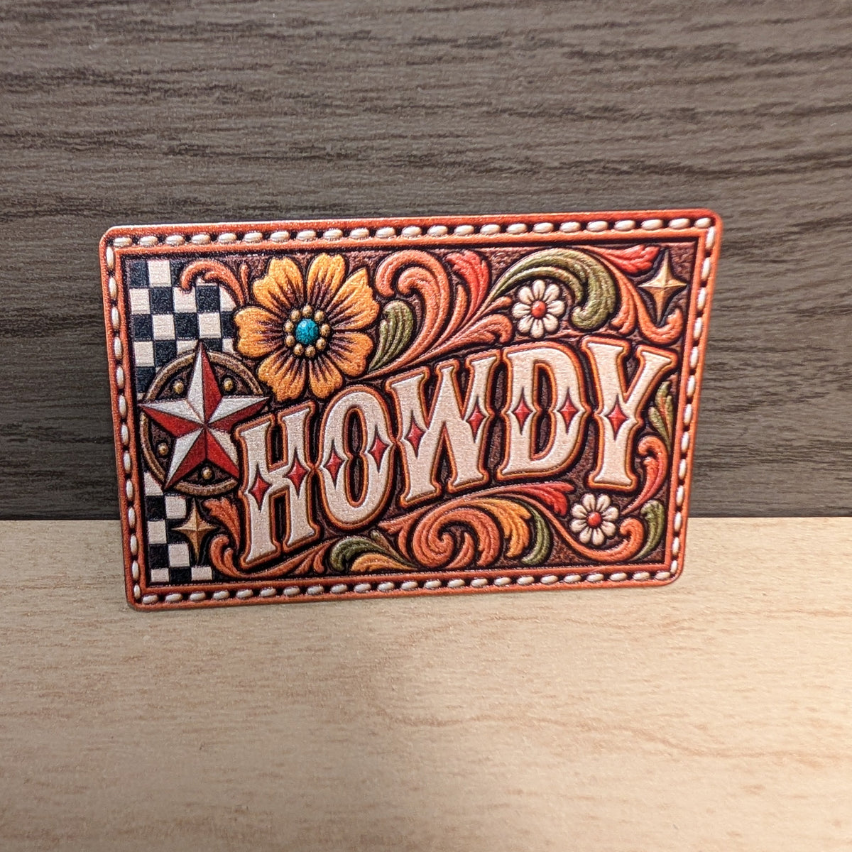 Howdy Western Tooled Leather Hat Patch, Retro Cowgirl Floral Patch, Rustic Texas Star Trucker Hat Patch, UV Printed Leatherette