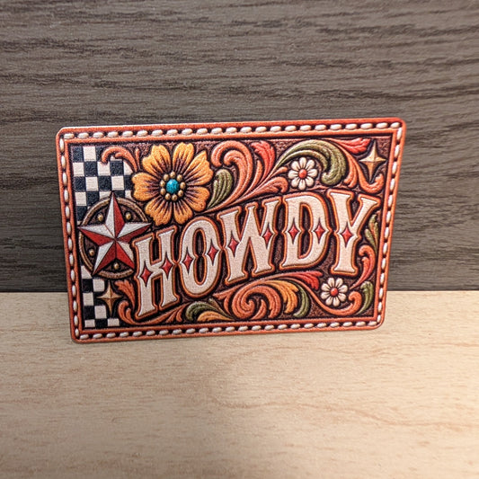 Howdy Western Tooled Leather Hat Patch, Retro Cowgirl Floral Patch, Rustic Texas Star Trucker Hat Patch, UV Printed Leatherette