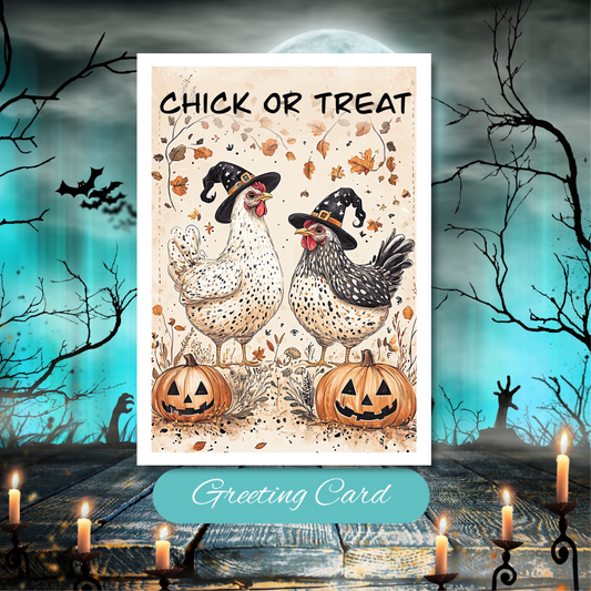 Chick or Treat Halloween Chicken Card, Funny Witch Hen & Pumpkin Greeting Card