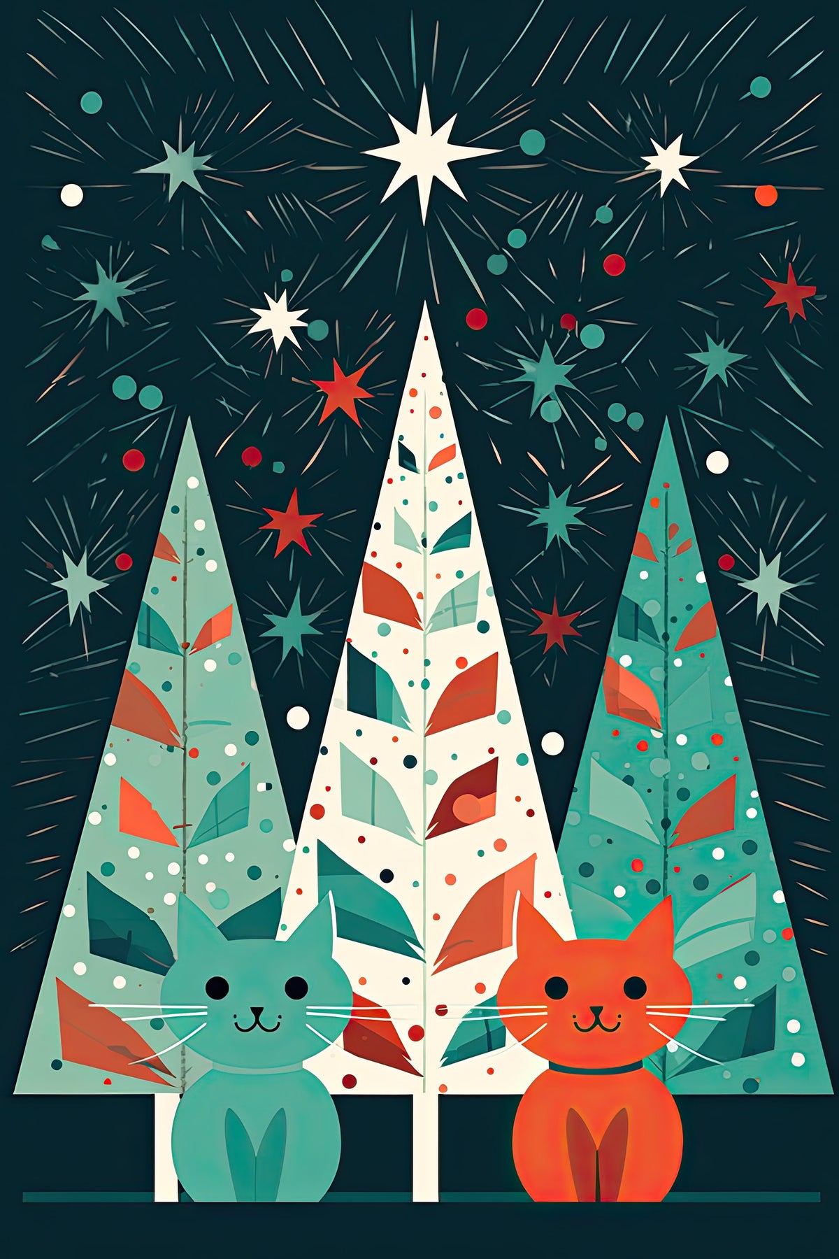 Festive Cats Christmas Card: Unique Holiday Art Card