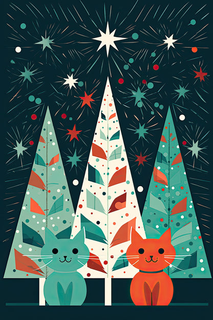 Festive Cats Christmas Card: Unique Holiday Art Card