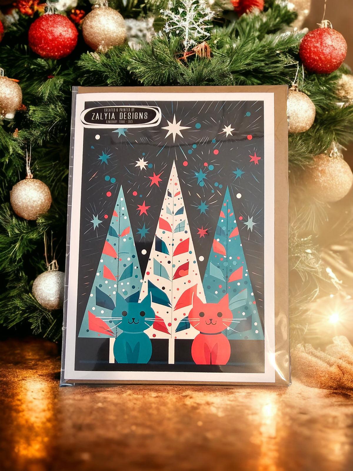 Festive Cats Christmas Card: Unique Holiday Art Card