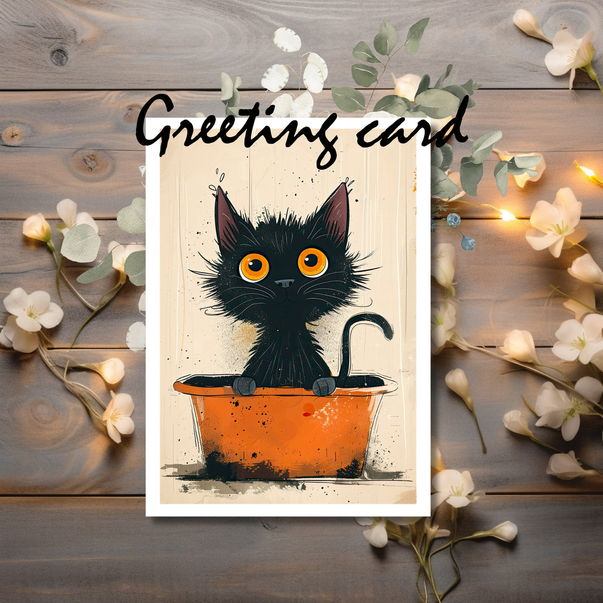 Black Cat in Tub Greeting Card: Whimsical Handmade Birthday Card