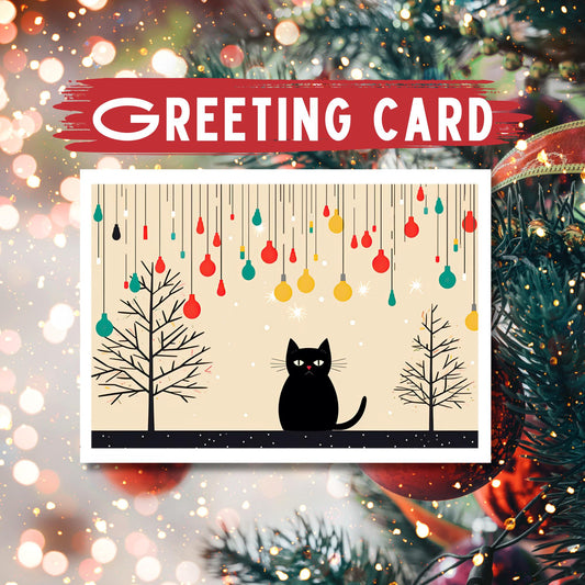 Black Cat Holiday Lights Greeting Card: Modern Festive Art