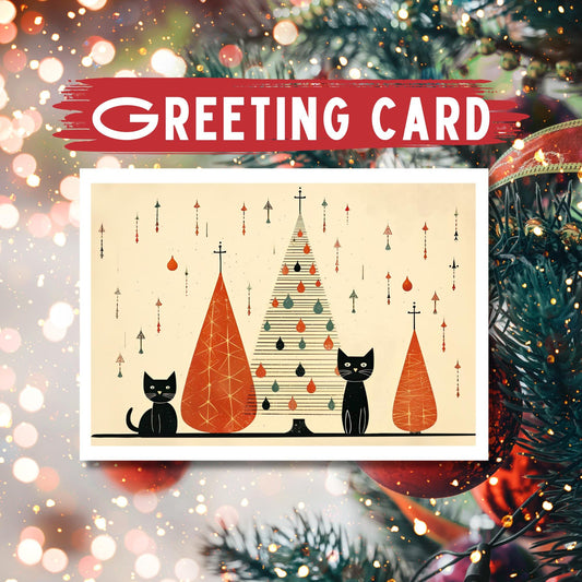 Black Cats Christmas Tree Holiday Card with Kraft Envelope