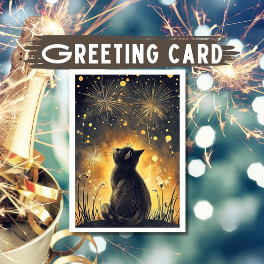 Cat New Year's Eve Greeting Card, Fireworks Illustration