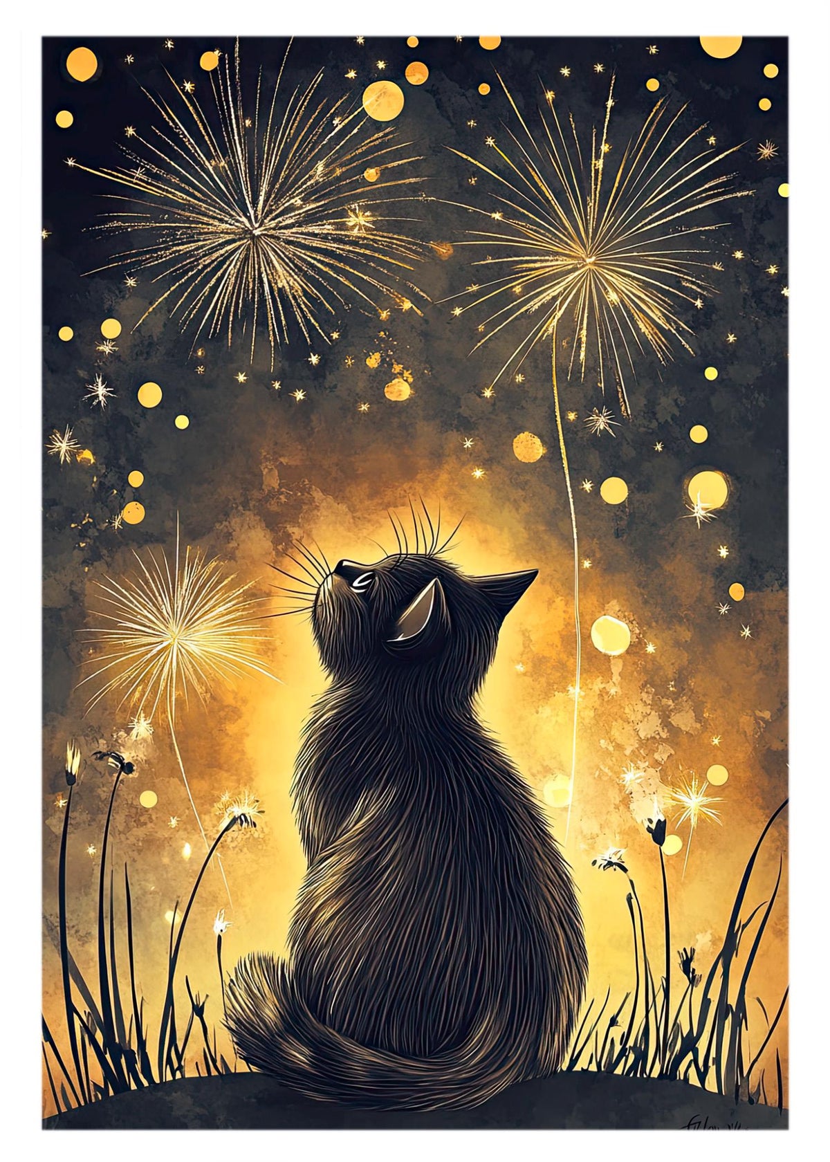 Cat New Year's Eve Greeting Card, Fireworks Illustration