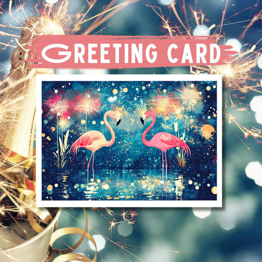 Flamingo Fireworks New Year Greeting Card, Blank Inside
