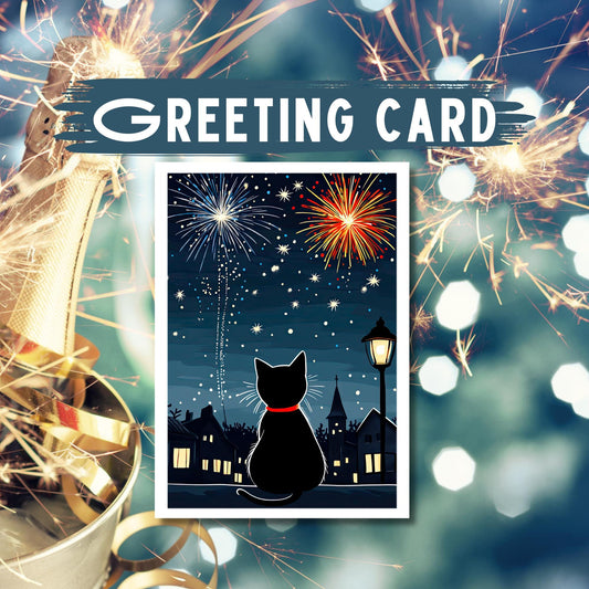 Cat New Year Card: Midnight Sparkles Illustration