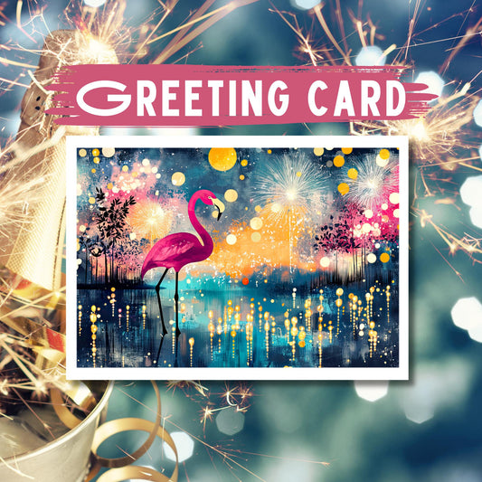 Flamingo Fireworks New Year Greeting Card, Tropical Holiday