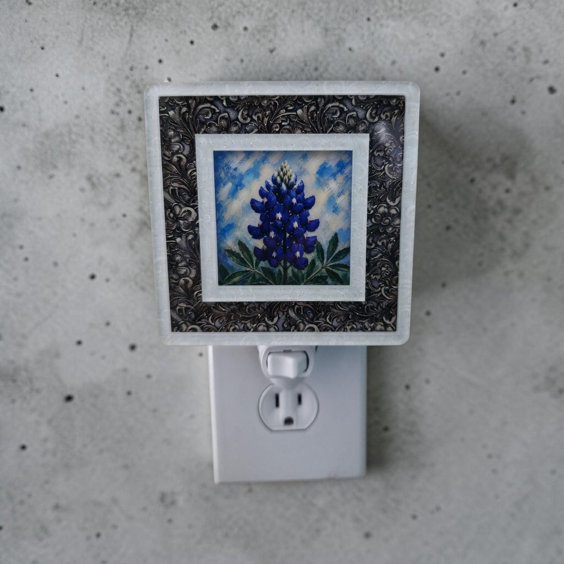 Western Night Light | Pearl White Tooled Leather Frame, Interchangeable Art