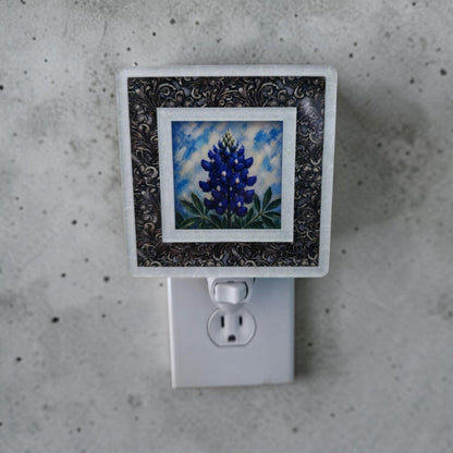 Western Night Light | Pearl White Tooled Leather Frame, Interchangeable Art