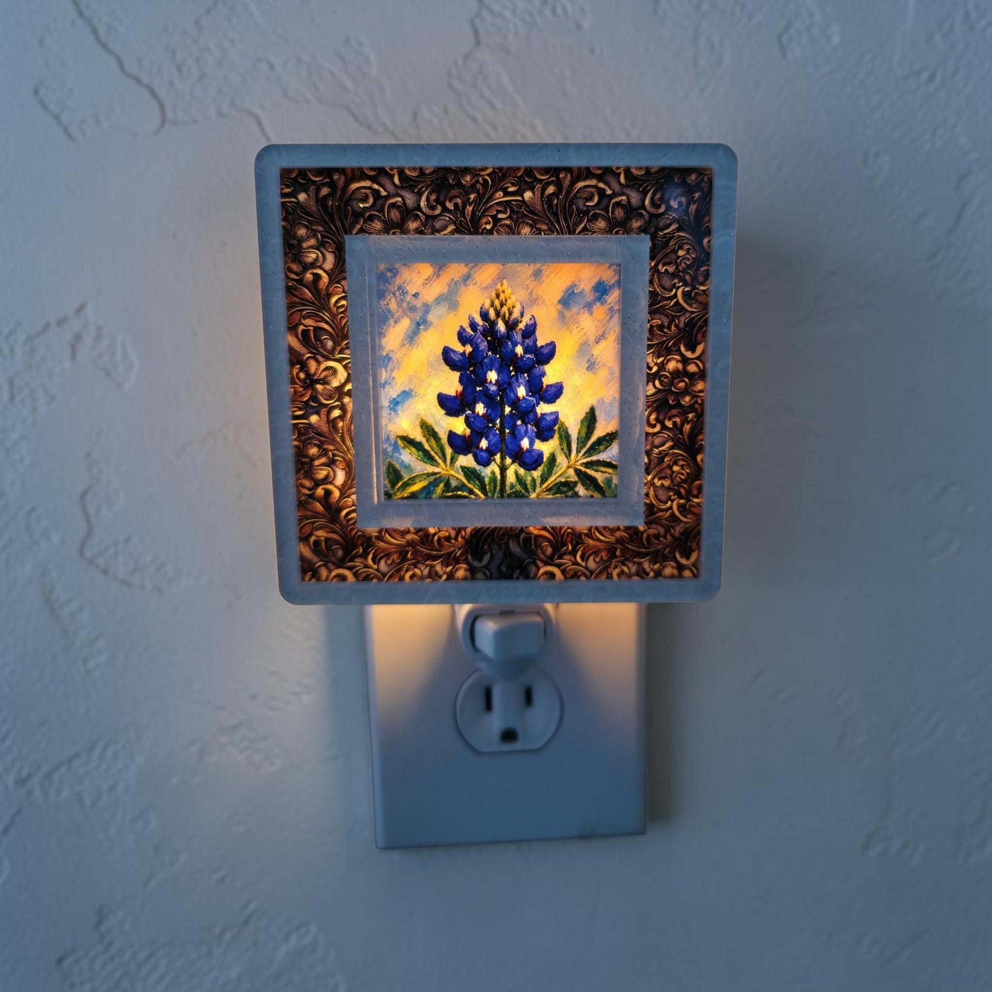 Western Night Light | Pearl White Tooled Leather Frame, Interchangeable Art
