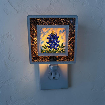 Western Night Light | Pearl White Tooled Leather Frame, Interchangeable Art