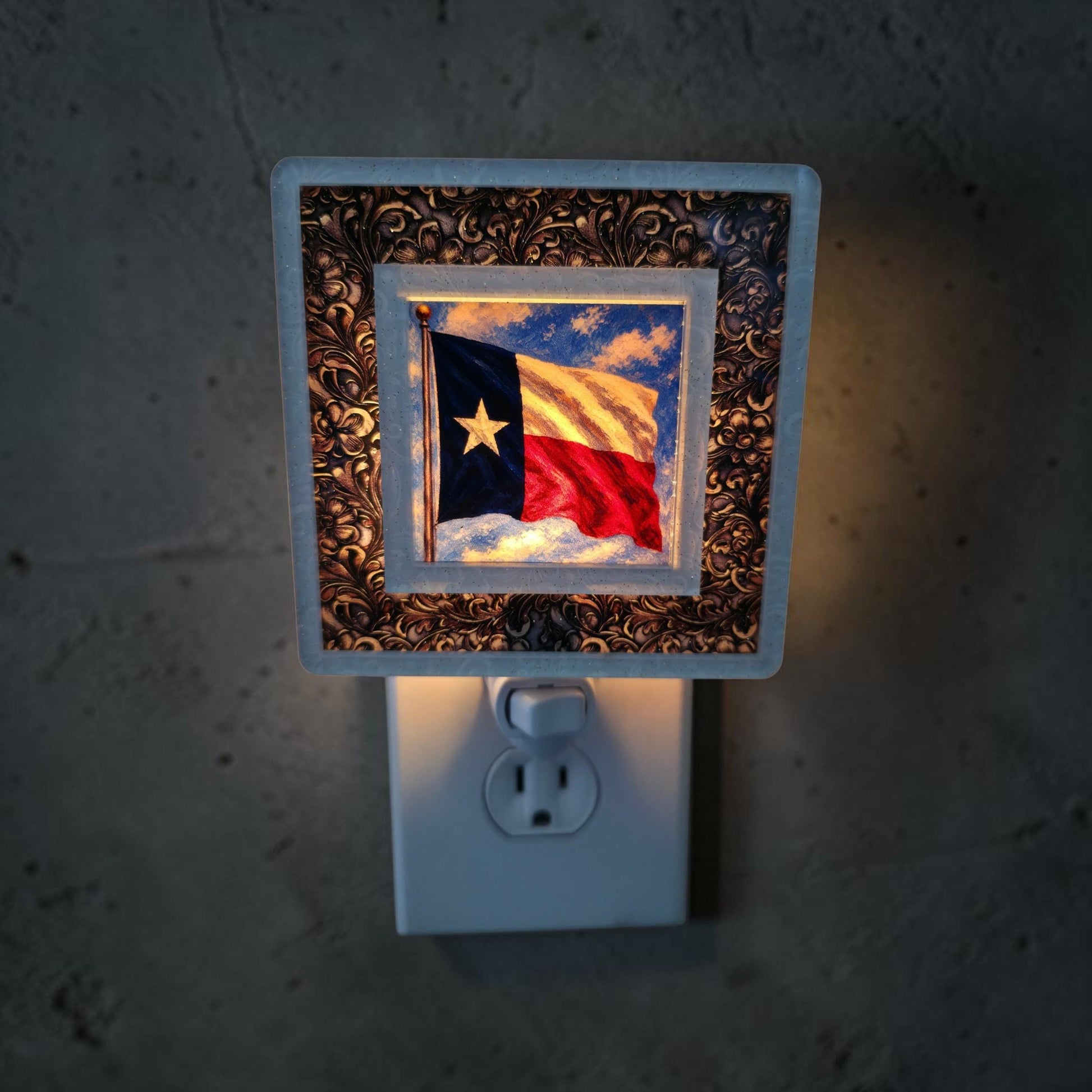 Western Night Light | Pearl White Tooled Leather Frame, Interchangeable Art