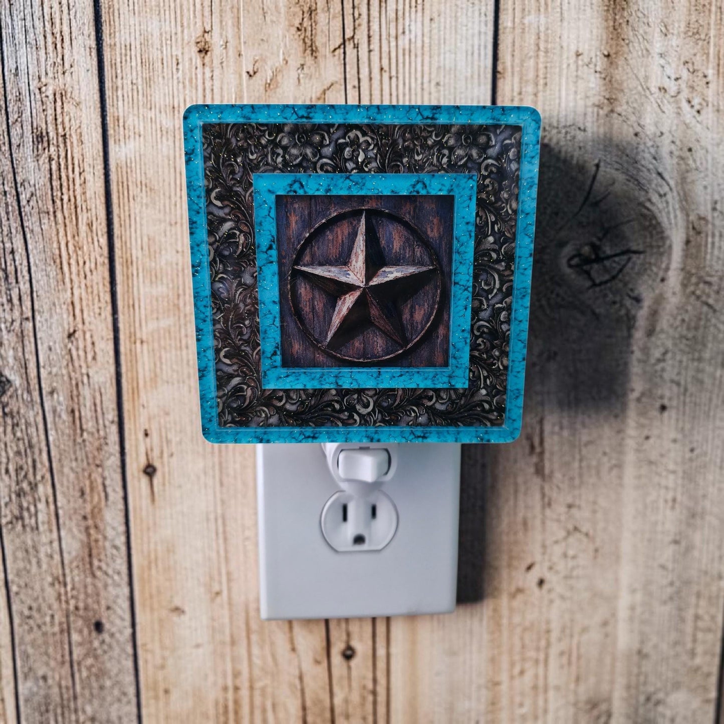 Western Night Light | Turquoise & Tooled Leather Texas Decor | Interchangeable Art