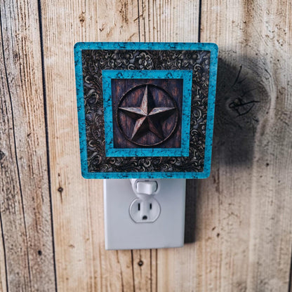 Western Night Light | Turquoise & Tooled Leather Texas Decor | Interchangeable Art