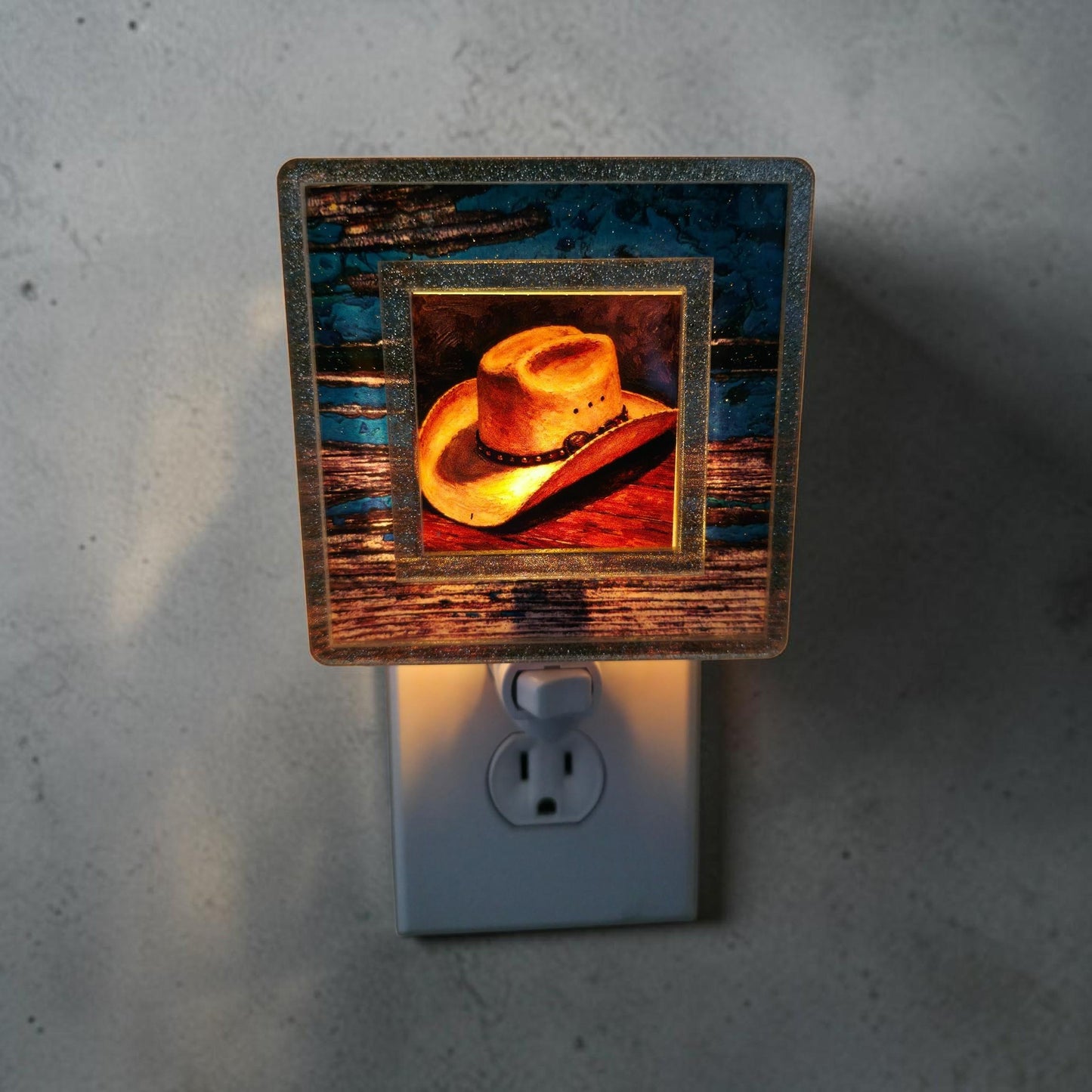 Western Interchangeable Night Light | Rustic Blue Wood & Gold Western Decor