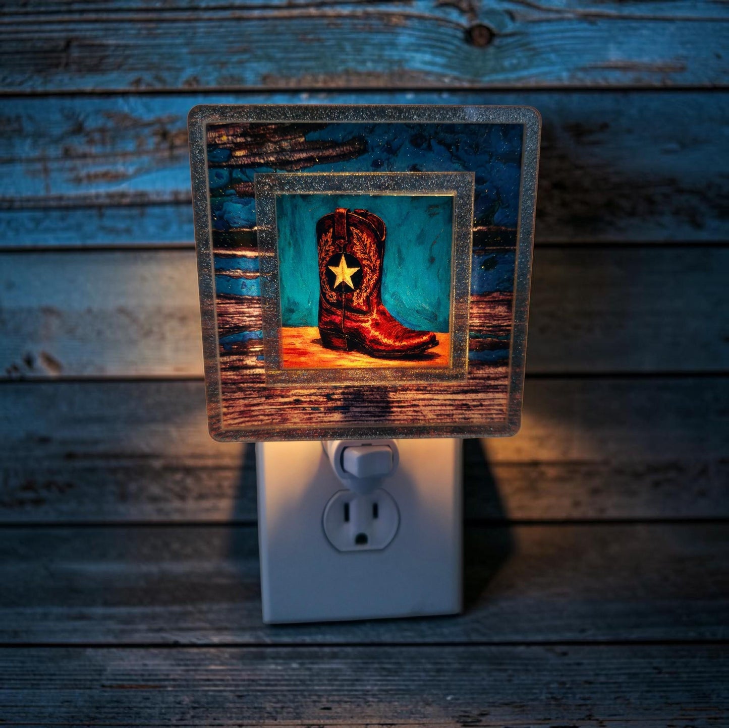 Western Interchangeable Night Light | Rustic Blue Wood & Gold Western Decor
