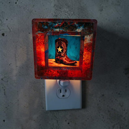 Western Night Light | Copper Turquoise Patina Frame, Interchangeable Art
