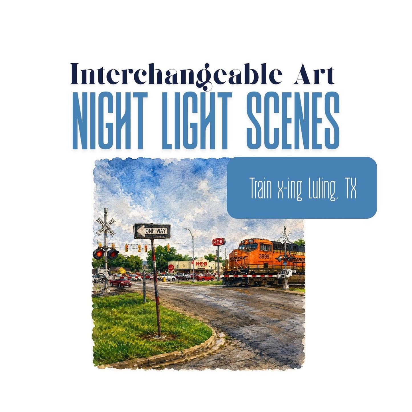 Luling, Texas Train Crossing Interchangeable Night Light Art Scene, Watercolor Downtown Landmark