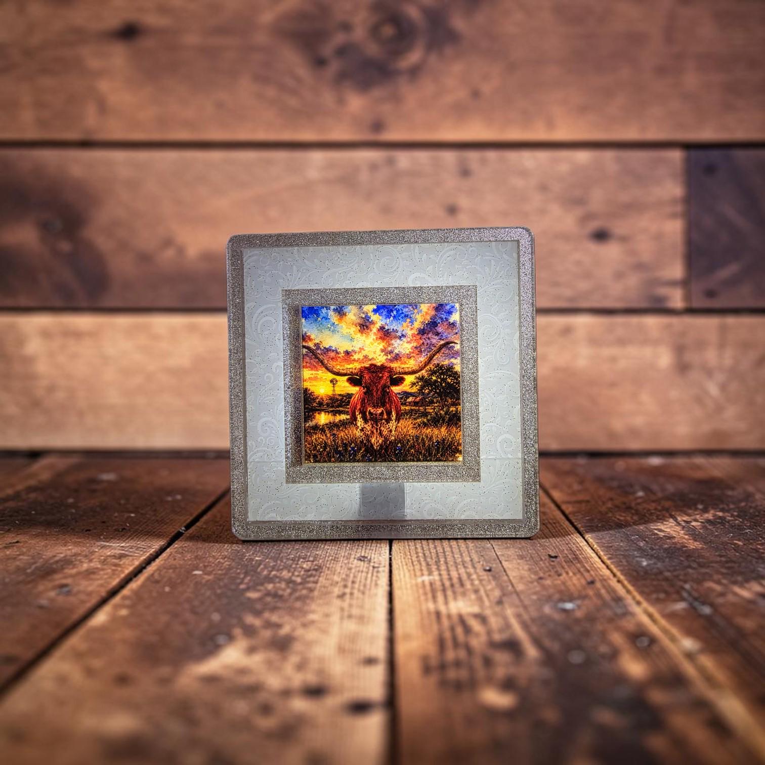 Texas Longhorn Interchangeable Night Light Art Scene, Western Ranch Watercolor