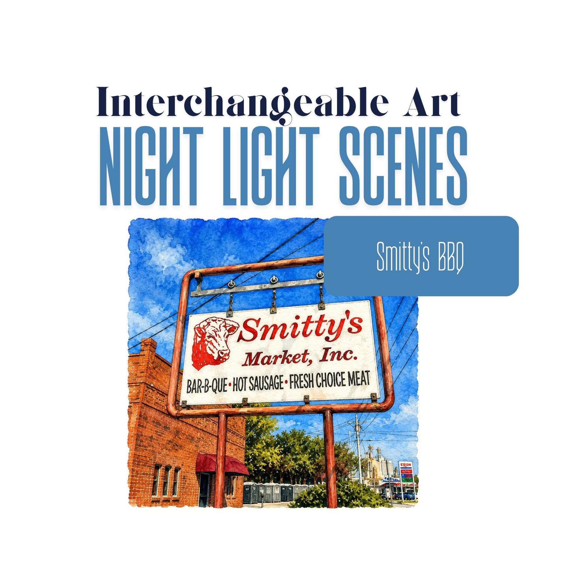 Smitty's Market BBQ Interchangeable Night Light Art Scene, Watercolor Lockhart Texas