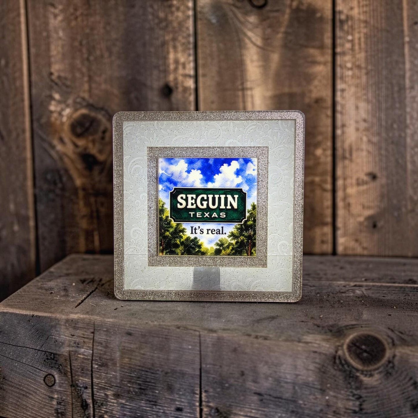 Seguin, Texas "It's Real." Interchangeable Night Light Art Scene, Watercolor Downtown Landmark