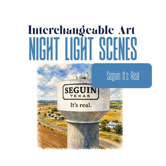 Seguin, Texas "It's Real." Water Tower Interchangeable Night Light Art Scene, Watercolor Downtown Landmark